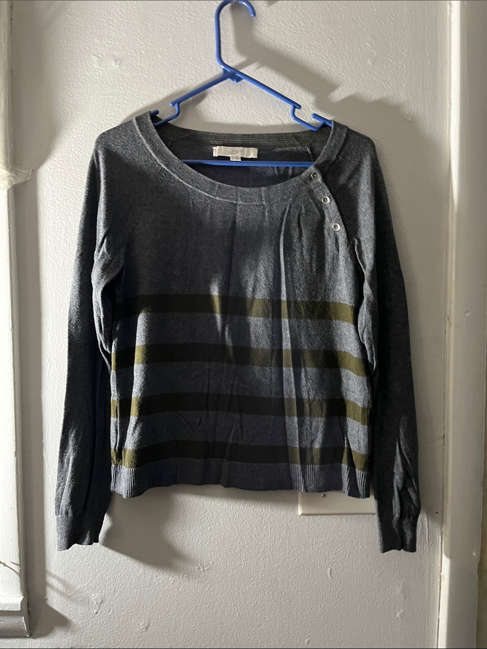 LOFT Gray Scoop-Neck Sweater with Olive and Black Stripes